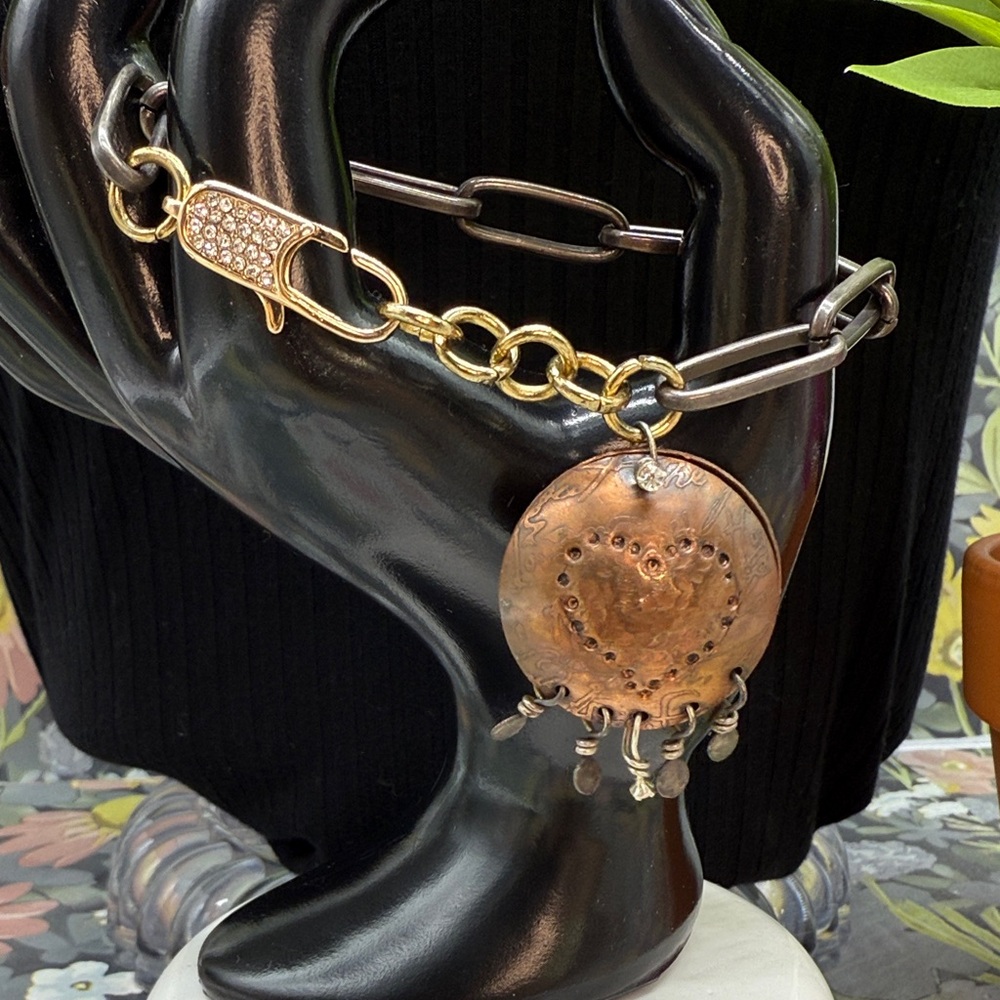 ⭐️Adorned Crown Jewelry assemblage mixed metal copper heart pave clasp bracelet